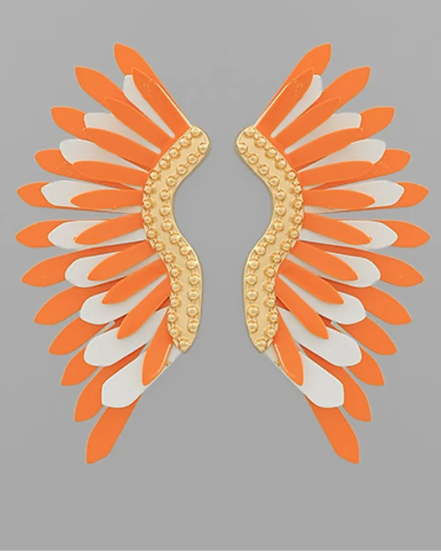 Game Day Color Coated Wing Earrings - Large - Orange/White