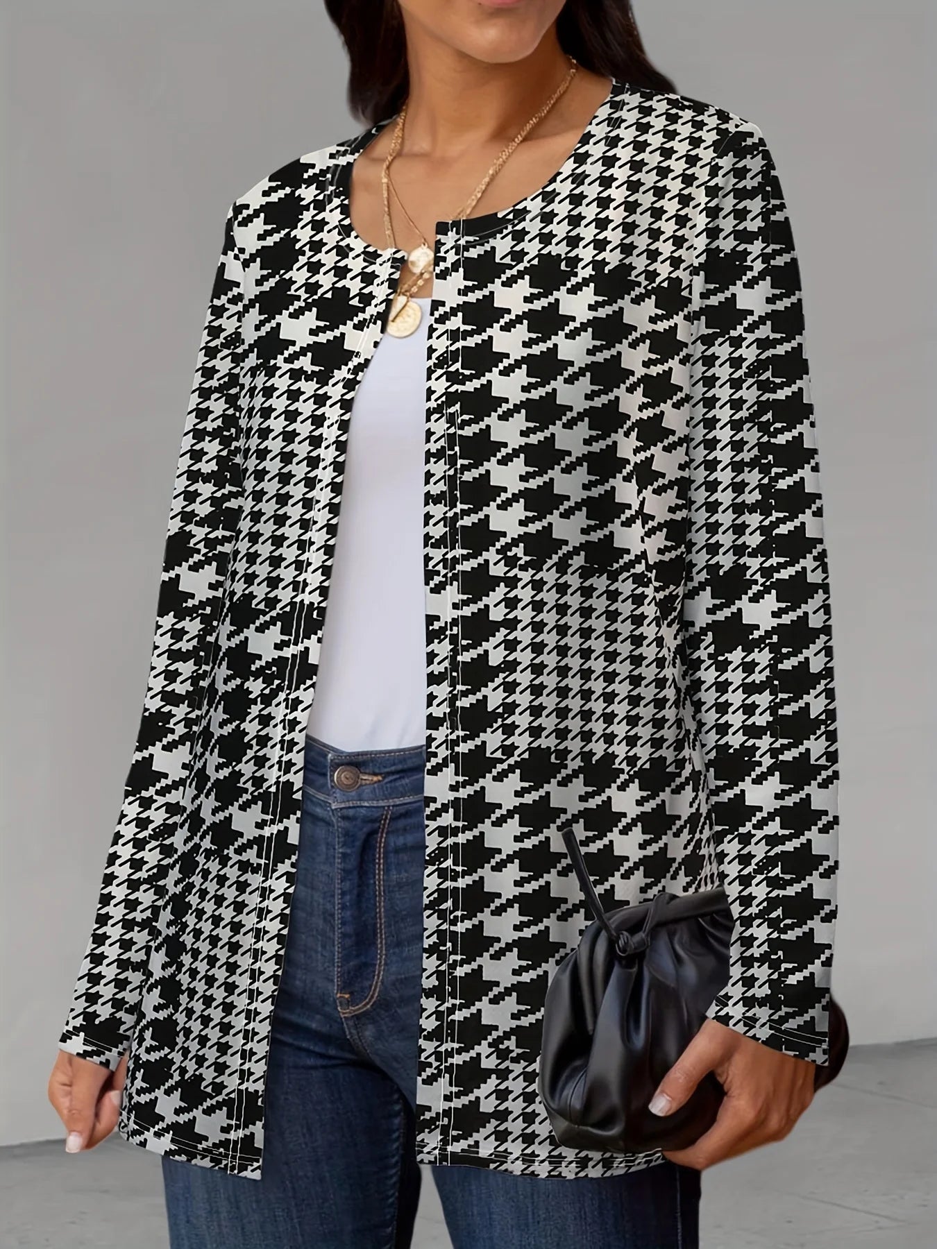 Houndstooth Printed Full Long Sleeve Outerwear Women Casual O Neck Overcoats Ladies Basic Chic Long Coats