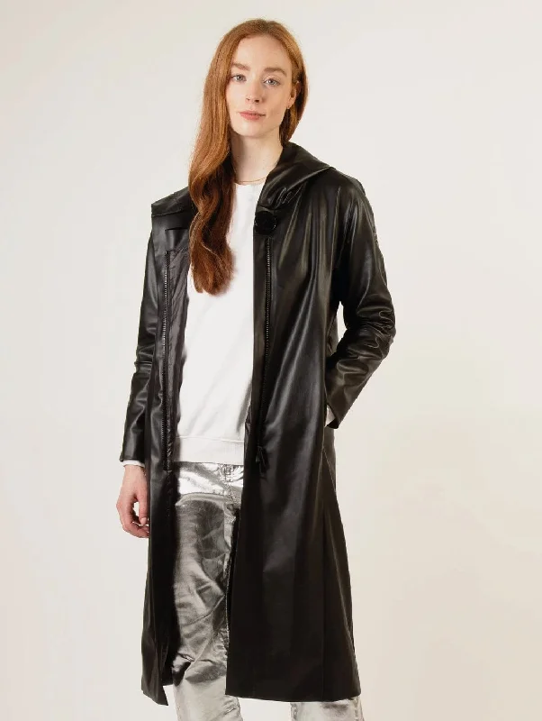 Recycled Vegan Coffee Leather Long Coat | Black