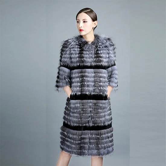 Women's Winter Warm Silver Color Fox Fur Long Knitted Jackets Outerwear