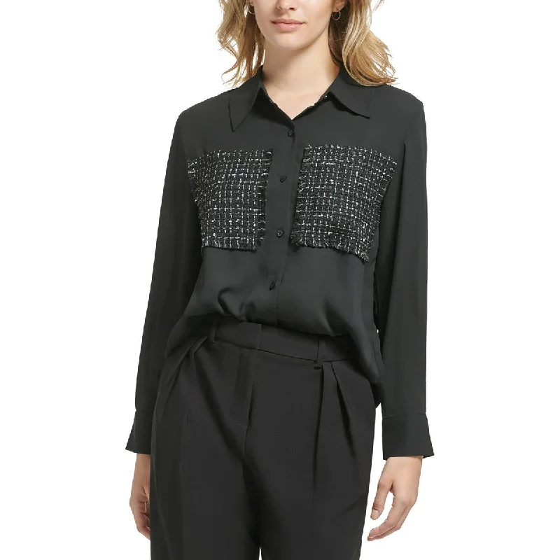 Calvin Klein Womens Long Sleeve Mixed Media Button-Down Top