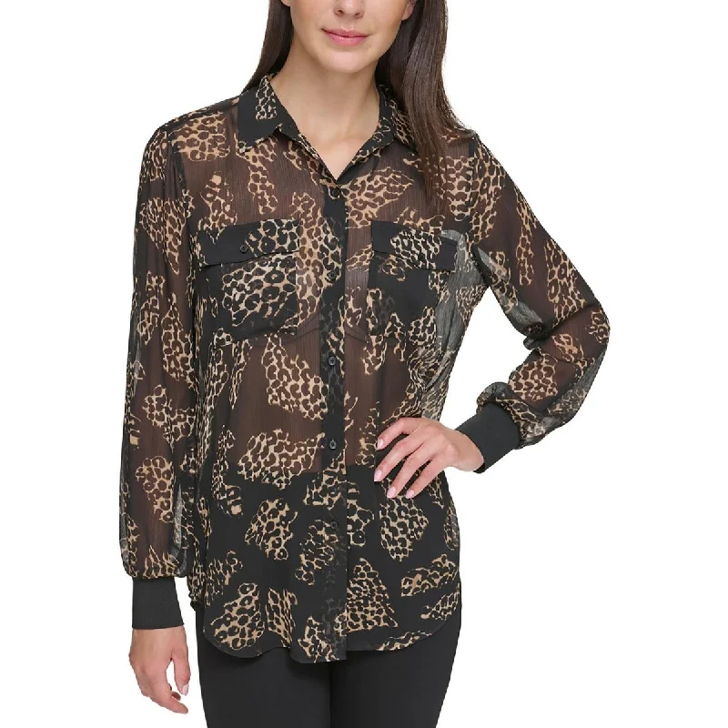 DKNY Womens Animal Print Long Sleeve Button-Down Top