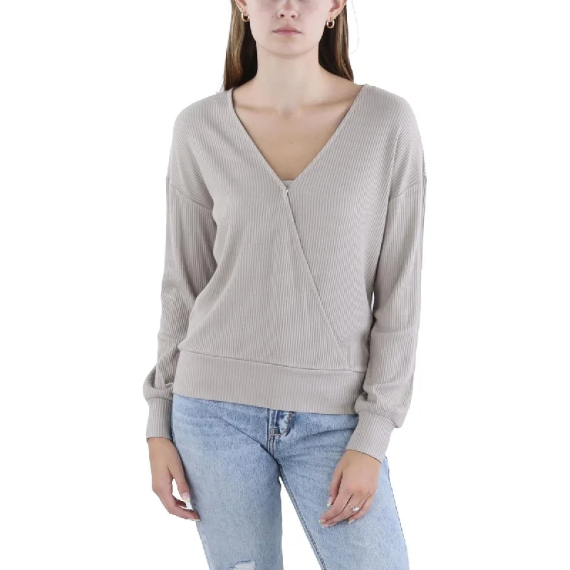 Elie Tahari Womens Long Sleeve Ribbed Wrap Top