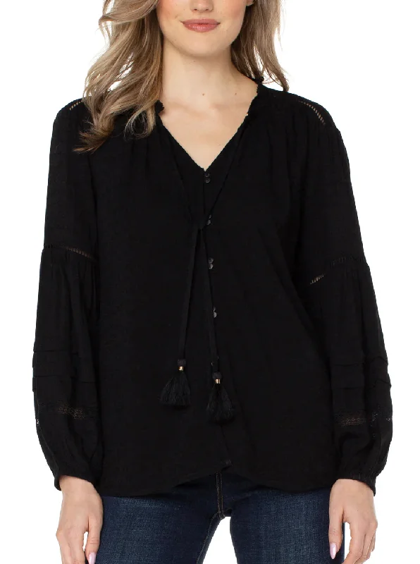 LIVERPOOL LONG SLEEVE BUTTON FRONT SHIRRED BLOUSE