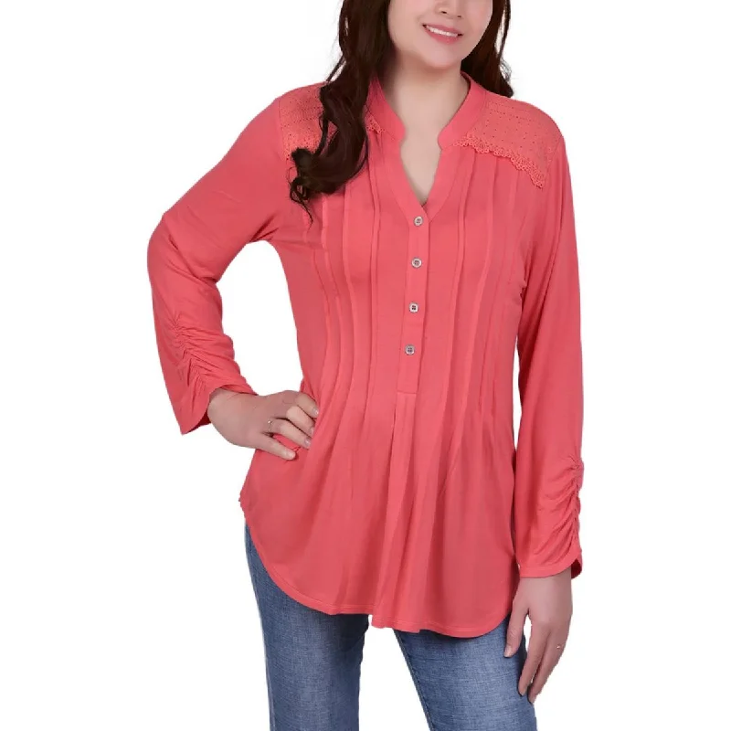 NY Collection Womens Petites 1/2 Placket Long Sleeve Blouse