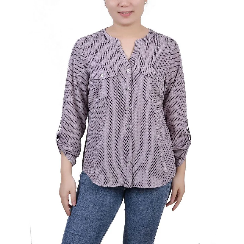 NY Collection Womens Petites Button-Front Long Sleeve Blouse