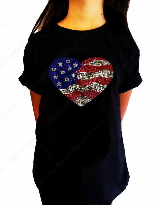 Girls Rhinestone T-Shirt " 4th of July American Flag Heart " Size 3 to 14 Available