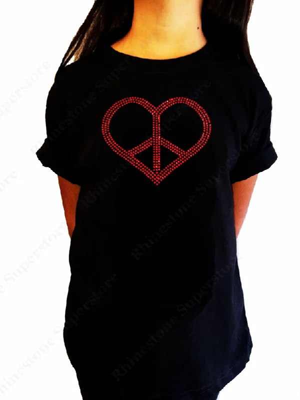 Girls Rhinestone T-Shirt " Red Peace Heart " Size 3 to 14 Available Peace Sign