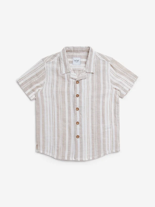 HOP Kids Taupe Striped Resort-Fit Cotton Shirt