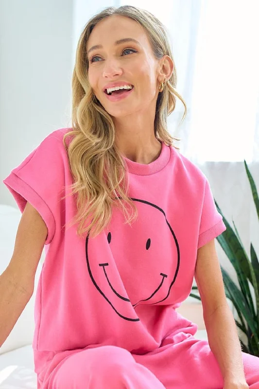 Smile Face Drop Shoulder Brushed Inside T-Shirt