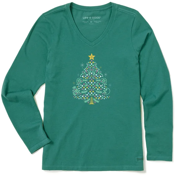 Women's Christmas Tree Sparkles Long Sleeve Crusher Vee