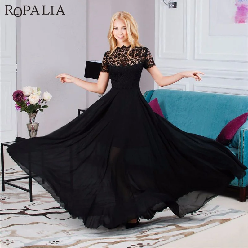 Elegant Black Formal Lace Mesh Women Long Dress Ladies Prom Evening Party Chiffon Long Maxi Dress Boho Style Vestidos