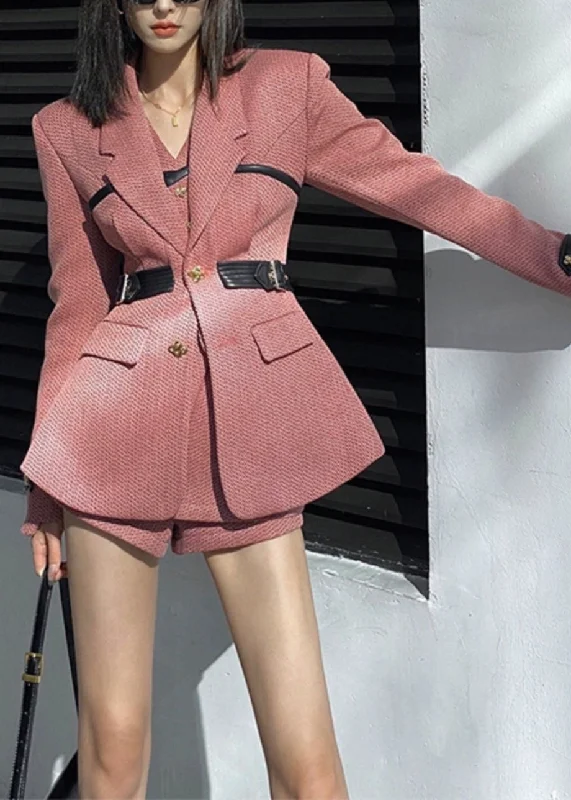 French Pink Notched Slim Fit Cotton Suit Coat And Vest And Shorts Set Fall