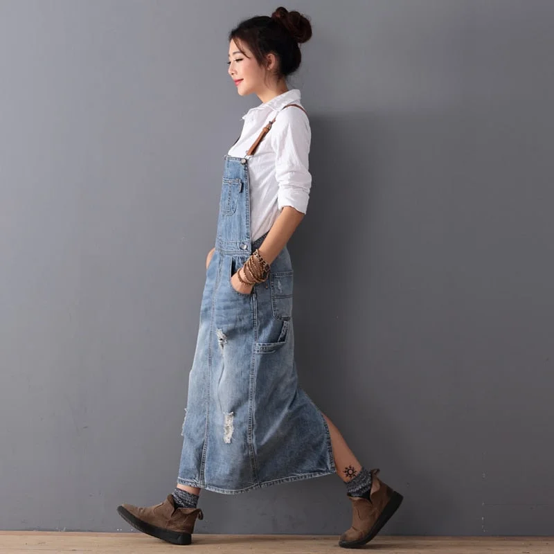 Maxi Denim Dress Summer Ladies Suspenders Holes Jeans Dresses Female Loose Plus Size Bib Blue Jeans Long Dress Vestidos 8075