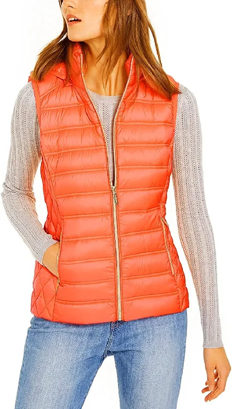 Michael Michael Kors Women's Orange Down Puffer Vest Jacket with Removable Hood